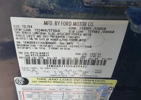 2005 Ford Freestyle Se from USA, damaged, VIN 1FMZK01115GA29431